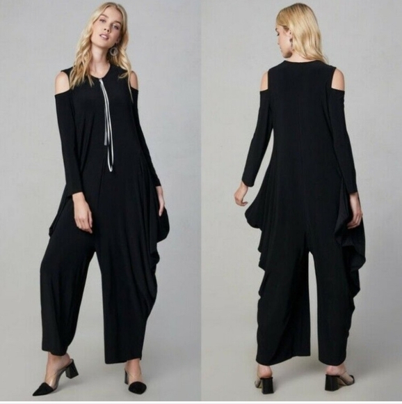 Joseph Ribkoff Harem Drape Cold Shoulder Zip Black Jumpsuit Stretchy Knit 2 - Picture 2 of 12